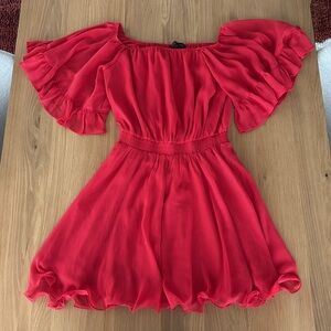 Off the shoulder red dress. Mini with cinched waist. Size S runs big
